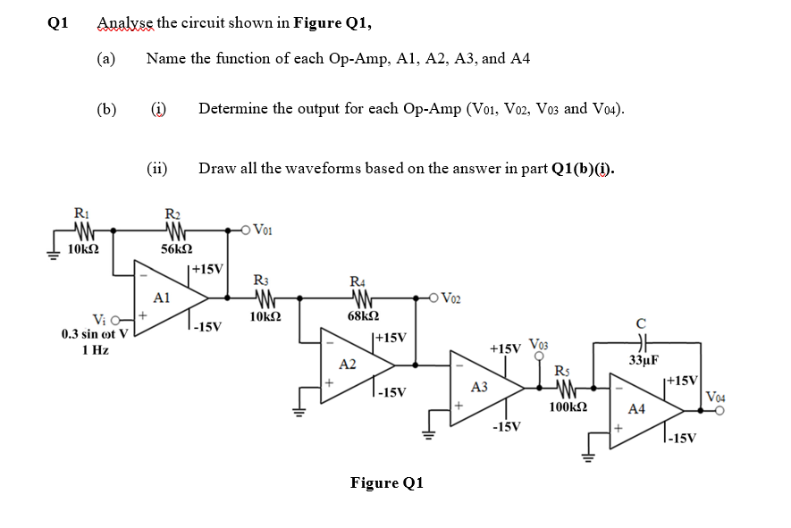 Q1
Analyse the circuit shown in Figure Q1,
(a)
Name the function of each Op-Amp, A1, A2, A3, and A4
(b)
(i)
Determine the output for each Op-Amp (Vo1, Vo2, Vo3 and Vo4).
(ii)
Draw all the waveforms based on the answer in part Q1(b)(1).
R1
R2
O Vo1
10k2
56kN
|+15V
R3
R4
A1
-O Vo2
Vi +
0.3 sin ot V
10k2
68kN
|-15V
C
|+15V
+15V Vo3
RS
1 Hz
A2
33µF
АЗ
|+15V
Vo4
-15V
100k2
A4
-15V
1-15v
I-15V
Figure Q1
+
+
