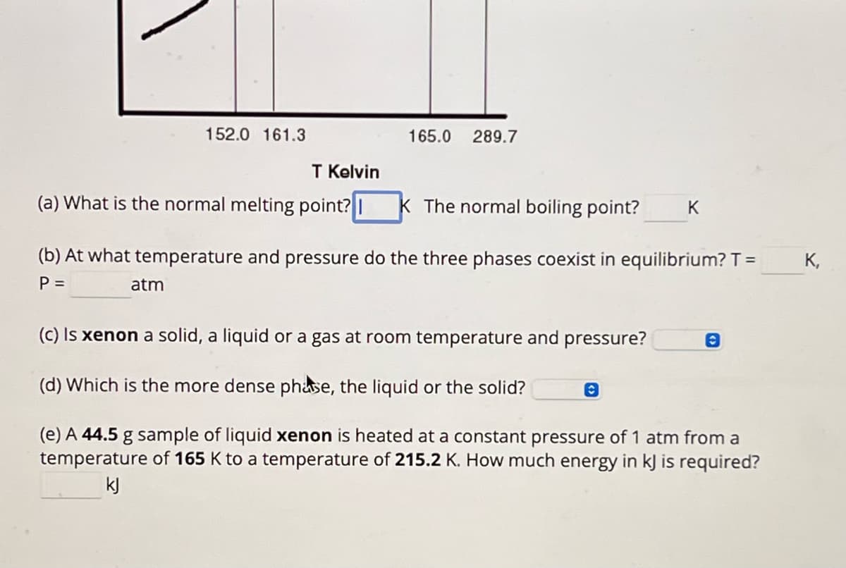 152.0 161.3
165.0 289.7
T Kelvin
(a) What is the normal melting point? I
K The normal boiling point?
K
(b) At what temperature and pressure do the three phases coexist in equilibrium?T= K,
P =
atm
(c) Is xenon a solid, a liquid or a gas at room temperature and pressure?
(d) Which is the more dense phase, the liquid or the solid?
6
(e) A 44.5 g sample of liquid xenon is heated at a constant pressure of 1 atm from a
temperature of 165 K to a temperature of 215.2 K. How much energy in kJ is required?
kj