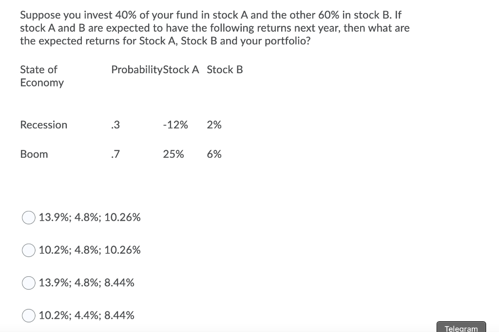 Suppose you invest 40% of your fund in stock A and the other 60% in stock B. If
stock A and B are expected to have the following returns next year, then what are
the expected returns for Stock A, Stock B and your portfolio?
ProbabilityStock A Stock B
State of
Economy
Recession
Boom
.3
.7
13.9%; 4.8%; 10.26%
10.2%; 4.8%; 10.26%
13.9%; 4.8%; 8.44%
10.2%; 4.4%; 8.44%
-12% 2%
25%
6%
Telegram