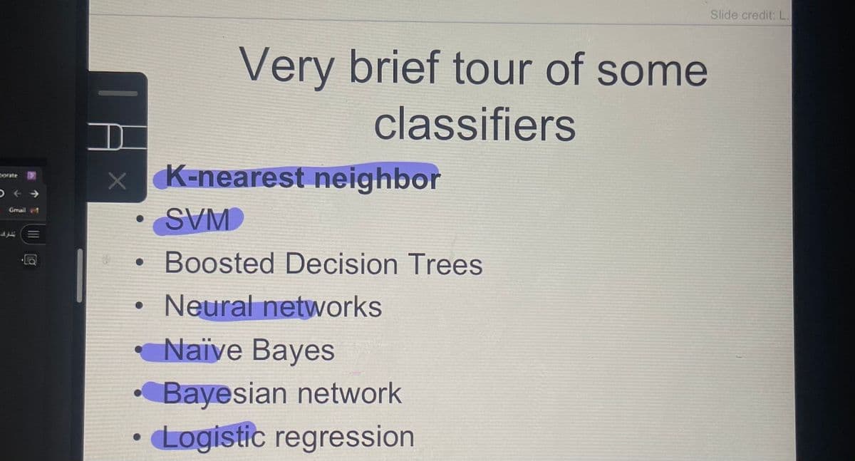 Gmail f
شرف
|||
D
x
Very brief tour of some
classifiers
K-nearest neighbor
SVM
Boosted Decision Trees
Neural networks
• Naïve Bayes
Bayesian network
Logistic regression
Slide credit: L.