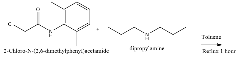 CI.
Toluene
2-Chloro-N-(2,6-dimethylphenyl)acetamide
dipropylamine
Reflux 1 hour
