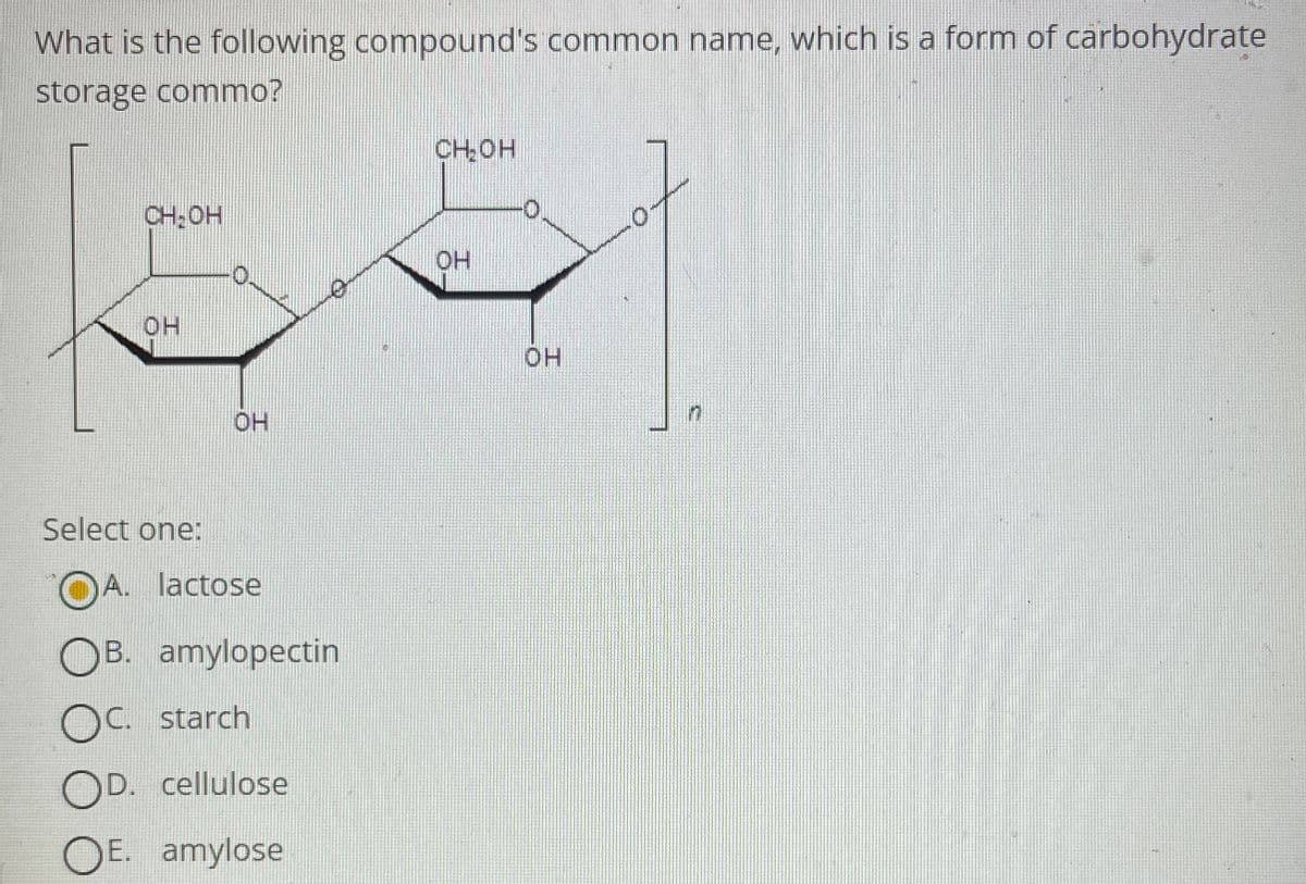 What is the following compound's common name, which is a form of carbohydrate
storage commo?
CH₂OH
OH
OH
HOP
Select one:
A. lactose
OB. amylopectin
OC. starch
OD. cellulose
◇ E. amylose
CH₂OH
OH
OH