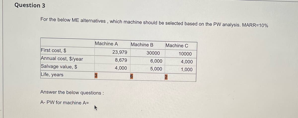 Question 3
For the below ME alternatives, which machine should be selected based on the PW analysis. MARR=10%
First cost, $
Annual cost, $/year
Salvage value, $
Life, years
Machine A
Answer the below questions:
A- PW for machine A=
23,979
8,679
4,000
Machine B
30000
6,000
5,000
Machine C
10000
4,000
1,000