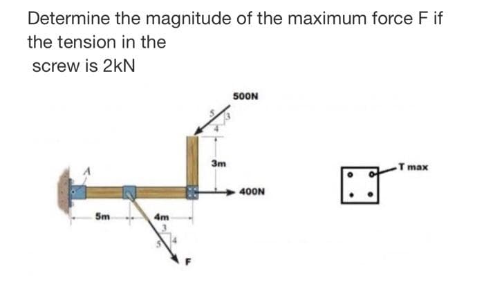 Determine the magnitude of the maximum force F if
the tension in the
screw is 2kN
500N
3m
T max
400N
5m
4m
