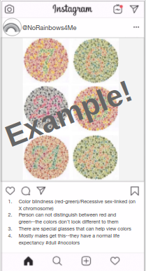 Instagram
@NoRainbows4Me
Example!
1. Color bilindness (red-green/Recessive sex-inked (on
X chromosome)
2. Person can not distingulsh between red and
green-the colors don't look different to them
3. There are special glasses that can help view colors
4. Mostly males get this-they have a normal ife
expectancy edul anocolors

