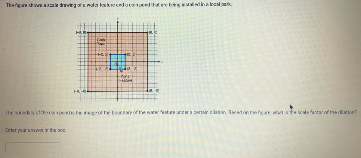 The figure shows a scale drawing of a water feature and a coin pond that are being installed in a local park.
-8, 8)-
(8, 8)
Coin
Pond
(-2, 2)
(2, 2)
-2,-2)-
12, -2)
Water
Feature
(-8, -8)
(8, -81
The boundary of the coin pond is the image of the boundary of the water feature under a certain dilation. Based on the figure, what is the scale factor of the dilation?
Enter your answer in the box.

