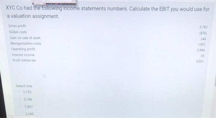 XYC Co had the following income statements numbers. Calculate the EBIT you would use for
a valuation assignment.
Gross profit
SG&A costs
Gain on sale of asset
Reorganization costs
Operating profit
Interest income
Profit before tax
Select one:
3,153
3,188
2,907
O2345
3,783
(876)
246
(187)
2,966
35
3,001