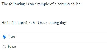 The following is an example of a comma splice:
He looked tired, it had been a long day.
True
O False
