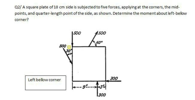 Q2/ A square plate of 10 cm side is subjected to five forces, applying at the corners, the mid-
points, and quarter-length point of the side, as shown. Determine the moment about left-bellow
corner?
|500
(500
s00
Left bellow corner
300
1300
