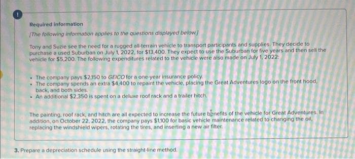 Required information
[The following information applies to the questions displayed below.]
Tony and Suzie see the need for a rugged all-terrain vehicle to transport participants and supplies. They decide to
purchase a used Suburban on July 1, 2022, for $13,400. They expect to use the Suburban for five years and then sell the
vehicle for $5,200. The following expenditures related to the vehicle were also made on July 1, 2022:
The company pays $2,150 to GEICO for a one-year insurance policy.
The company spends an extra $4,400 to repaint the vehicle, placing the Great Adventures logo on the front hood,
back, and both sides.
• An additional $2,350 is spent on a deluxe roof rack and a trailer hitch.
The painting, roof rack, and hitch are all expected to increase the future benefits of the vehicle for Great Adventures. In
addition, on October 22, 2022, the company pays $1,100 for basic vehicle maintenance related to changing the oil,
replacing the windshield wipers, rotating the tires, and inserting a new air filter.
3. Prepare a depreciation schedule using the straight-line method.