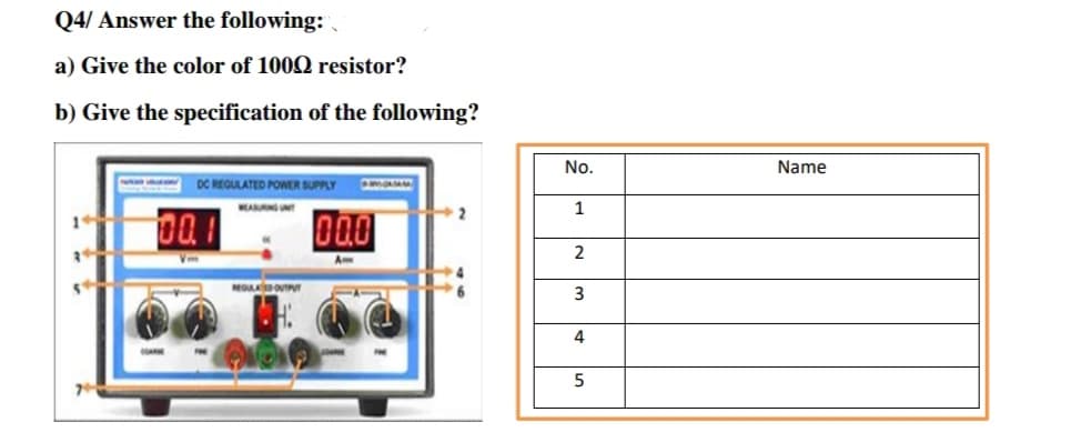 Q4/ Answer the following:
a) Give the color of 100Q resistor?
b) Give the specification of the following?
No.
Name
DC REGULATED POWER SUPPLY
MA
1
00
2
5
3.
4)

