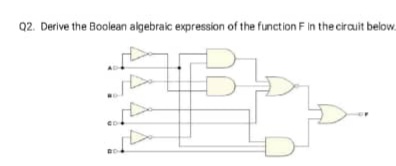 Q2. Derive the Boolean algebraic expression of the function F in the cirauit below.
