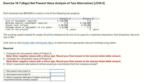 Exercise 14-7 (Algo) Net Present Value Analysis of Two Alternatives [LO14-2]
Perit Industries has $110,000 to invest in one of the following two projects:
Cost of equipment required
Working capital investment required
Annual cash inflows
Salvage value of equipment in six years
Life of the project
Project A
$110,000
Project B
$ 0
$110,000
$ 68,000
$ 0
6 years
6 years
$ 20,000
$ 8,600
The working capital needed for project B will be released at the end of six years for investment elsewhere. Perit Industries' discount
rate is 16%.
Click here to view Exhibit 14B-1 and Exhibit 148-2, to determine the appropriate discount factor(s) using tables.
Required:
1. Compute the net present value of Project A.
Note: Enter negative values with a minus sign. Round your final answer to the nearest whole dollar amount.
2. Compute the net present value of Project B.
Note: Enter negative values with a minus sign. Round your final answer to the nearest whole dollar amount.
3. Which investment alternative (if either) would you recommend that the company accept?
1. Net present value project A
2. Net present value project B
3. Which investment alternative (if either) would you
recommend that the company accept?