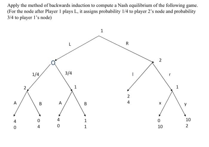 Apply the method of backwards induction to compute a Nash equilibrium of the following game.
(For the node after Player 1 plays L, it assigns probability 1/4 to player 2's node and probability
3/4 to player l's node)
1
R
2
1/4
3/4
1
1
A
B
A
B
4
y
4
1
10
4
1
10
2
2.
