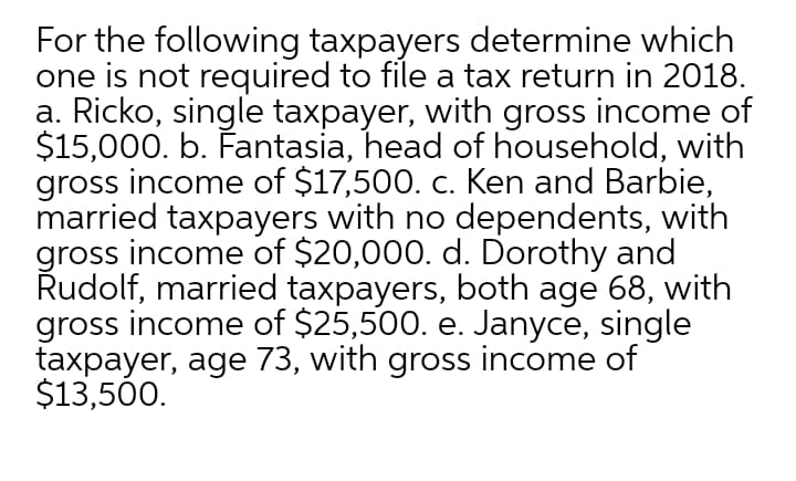 For the following taxpayers determine which
one is not required to file a tax return in 2018.
a. Ricko, single taxpayer, with gross income of
$15,000. b. Fantasia, head of household, with
gross income of $17,500. c. Ken and Barbie,
married taxpayers with no dependents, with
gross income of $20,000. d. Dorothy and
Rudolf, married taxpayers, both age 68, with
gross income of $25,500. e. Janyce, single
taxpayer, age 73, with gross income of
$13,500.
