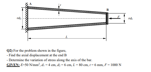 B
edz
ødi
Q2) For the problem shown in the figure,
- Find the axial displacement at the end B
- Determine the variation of stress along the axis of the bar.
GIVEN: E-50 N/mm², dı = 4 cm, dz = 6 cm, L = 80 cm, t = 6 mm, F = 1000 N
