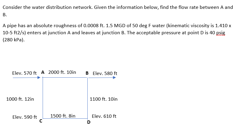 Consider the water distribution network. Given the information below, find the flow rate between A and
В.
A pipe has an absolute roughness of 0.0008 ft. 1.5 MGD of 50 deg F water (kinematic viscosity is 1.410 x
10-5 ft2/s) enters at junction A and leaves at junction B. The acceptable pressure at point D is 40 psig
(280 kPa).
Elev. 570 ft A 2000 ft. 10in
B Elev. 580 ft
1000 ft. 12in
1100 ft. 10in
Elev. 590 ft
1500 ft. 8in
Elev. 610 ft
