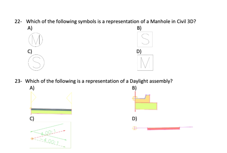 22- Which of the following symbols is a representation of a Manhole in Civil 3D?
A)
B)
M
S
C)
S
M
23- Which of the following is a representation of a Daylight assembly?
A)
B)
C)
D)
4.00:1.
+4.00:1.
D)