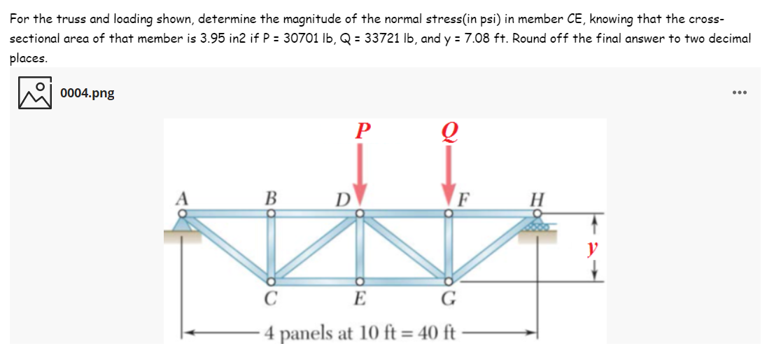 For the truss and loading shown, determine the magnitude of the normal stress(in psi) in member CE, knowing that the cross-
sectional area of that member is 3.95 in2 if P = 30701 Ib, Q = 33721 Ib, and y = 7.08 ft. Round off the final answer to two decimal
places.
0004.png
...
B
E
G
4 panels at 10 ft = 40 ft -
