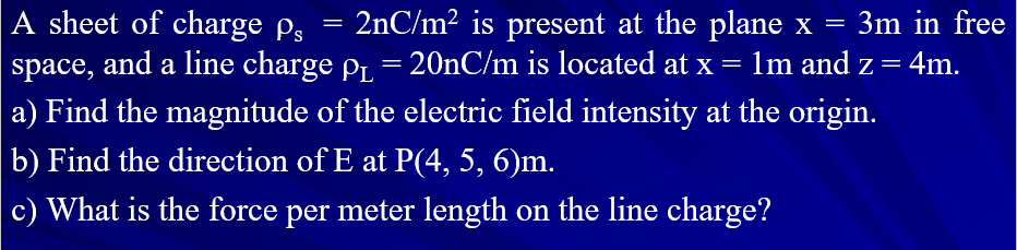 A sheet of charge P3
space, and a line charge p¡ = 20nC/m is located at x =
a) Find the magnitude of the electric field intensity at the origin.
2nC/m2 is present at the plane x = 3m in free
X
1m and z = 4m.
||
b) Find the direction of E at P(4, 5, 6)m.
c) What is the force per meter length on the line charge?

