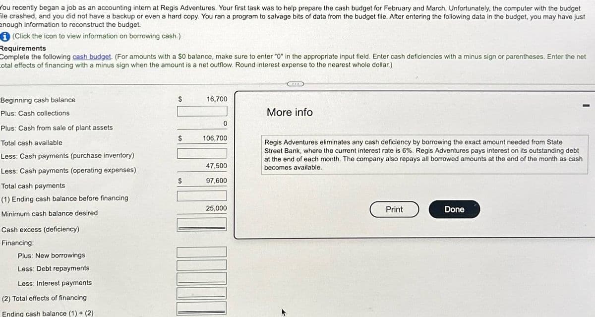 You recently began a job as an accounting intern at Regis Adventures. Your first task was to help prepare the cash budget for February and March. Unfortunately, the computer with the budget
ile crashed, and you did not have a backup or even a hard copy. You ran a program to salvage bits of data from the budget file. After entering the following data in the budget, you may have just
enough information to reconstruct the budget.
(Click the icon to view information on borrowing cash.)
Requirements
Complete the following cash budget. (For amounts with a $0 balance, make sure to enter "0" in the appropriate input field. Enter cash deficiencies with a minus sign or parentheses. Enter the net
total effects of financing with a minus sign when the amount is a net outflow. Round interest expense to the nearest whole dollar.)
Regis Adventures eliminates any cash deficiency by borrowing the exact amount needed from State
Street Bank, where the current interest rate is 6%. Regis Adventures pays interest on its outstanding debt
at the end of each month. The company also repays all borrowed amounts at the end of the month as cash
becomes available.
Beginning cash balance
Plus: Cash collections
$
16,700
More info
0
Plus: Cash from sale of plant assets
$
106,700
Total cash available
Less: Cash payments (purchase inventory)
Less: Cash payments (operating expenses)
47,500
97,600
Total cash payments
(1) Ending cash balance before financing
25,000
Minimum cash balance desired
Cash excess (deficiency)
Financing:
Plus: New borrowings
Less: Debt repayments
Less: Interest payments
(2) Total effects of financing
Ending cash balance (1) + (2)
Print
Done