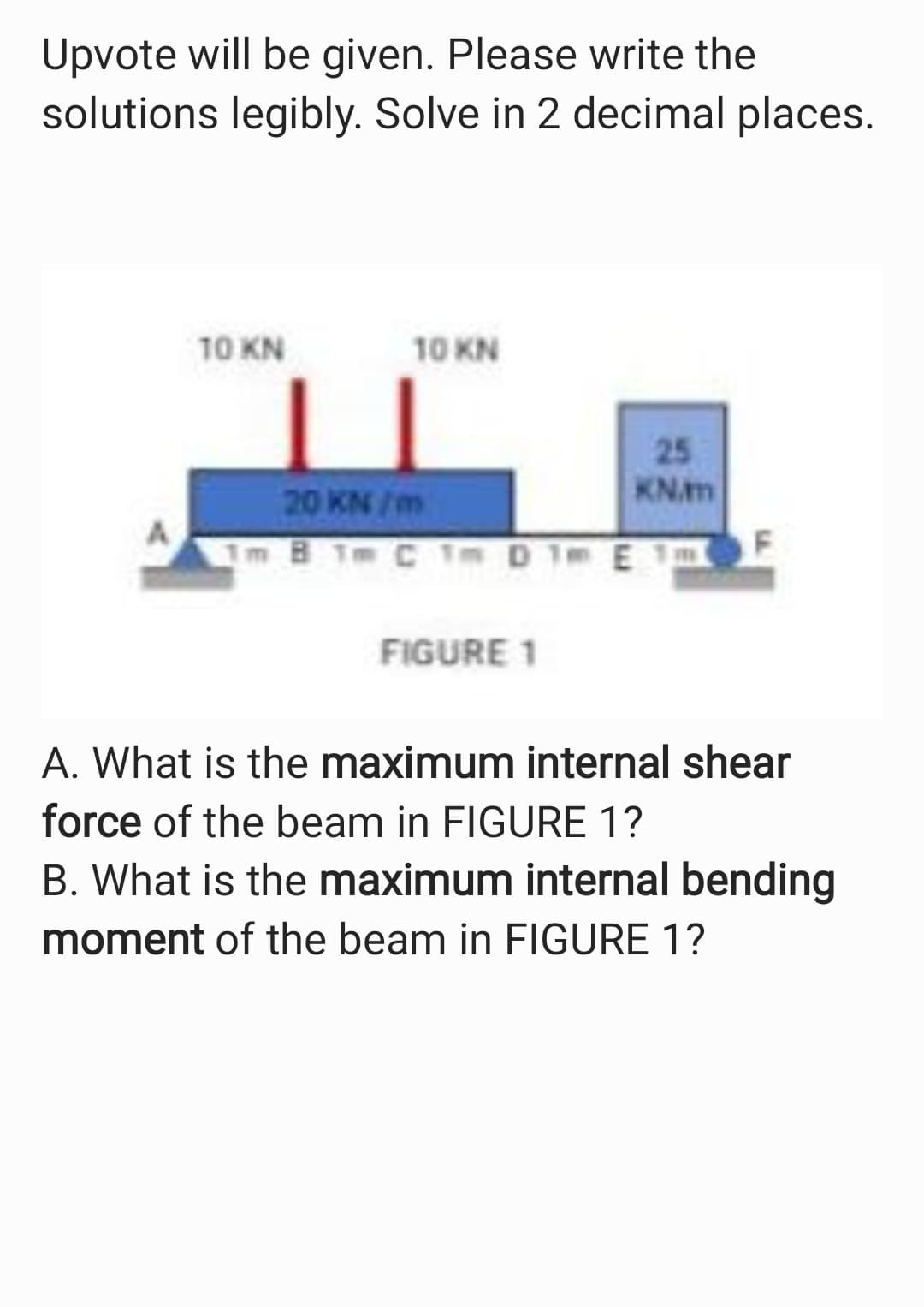 Upvote will be given. Please write the
solutions legibly. Solve in 2 decimal places.
10 KN
10 KN
25
KN/m
20 KN/m
1m
Im B Tm C Tm D 1 E 15
m
FIGURE 1
A. What is the maximum internal shear
force of the beam in FIGURE 1?
B. What is the maximum internal bending
moment of the beam in FIGURE 1?