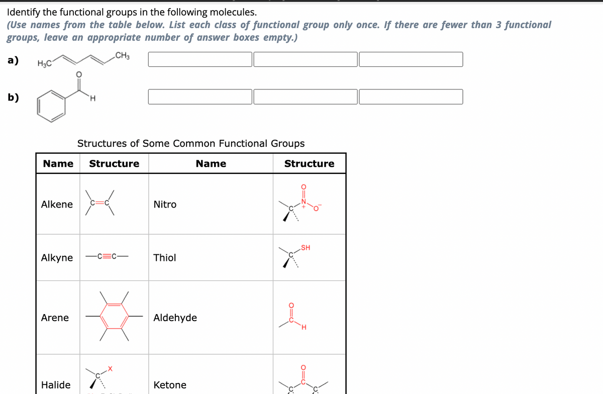 Identify the functional groups in the following molecules.
(Use names from the table below. List each class of functional group only once. If there are fewer than 3 functional
groups, leave an appropriate number of answer boxes empty.)
CH3
a)
b)
H3C
Alkene
Name Structure
H
Arene
Structures of Some Common Functional Groups
Alkyne —C=C1
Halide
Nitro
Thiol
Name
Aldehyde
Ketone
Structure
SH
ASH
0-0²-
H
010
