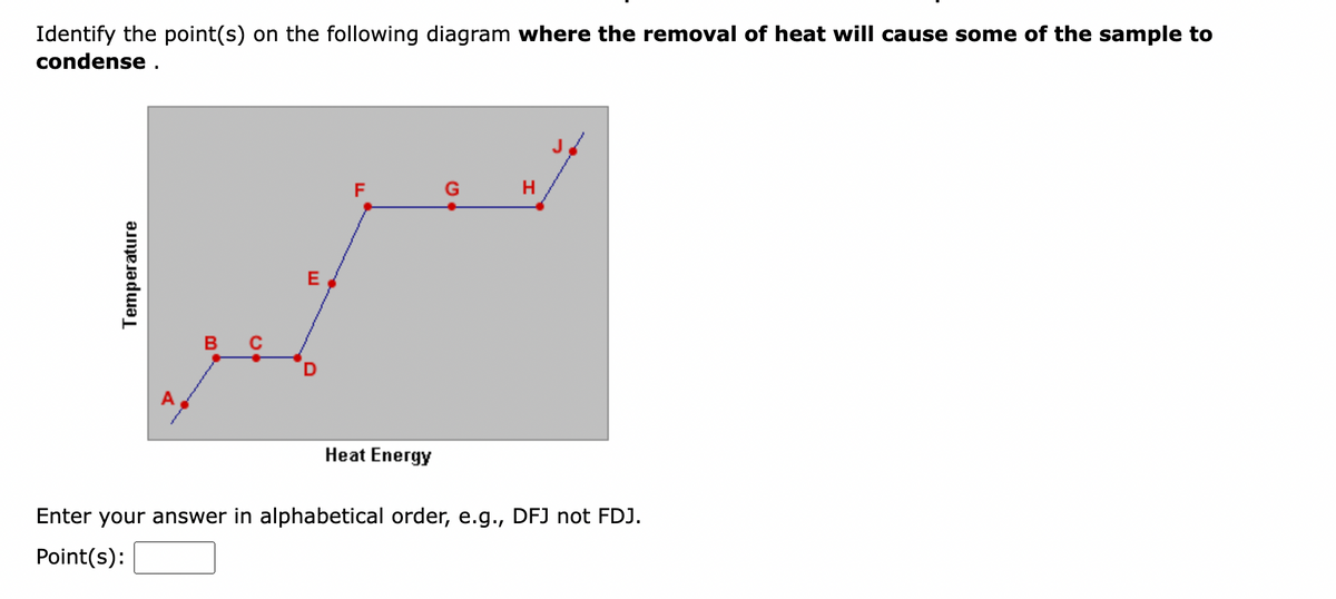 Identify the point(s) on the following diagram where the removal of heat will cause some of the sample to
condense.
Temperature
B C
E
F
Heat Energy
H
Enter your answer in alphabetical order, e.g., DFJ not FDJ.
Point(s):
