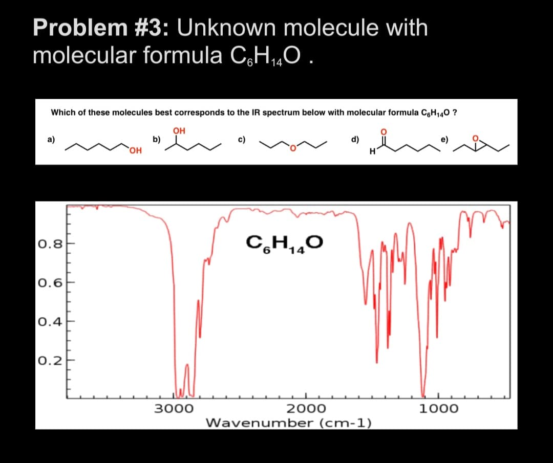 Problem #3: Unknown molecule with
molecular formula C H₁O.
14
Which of these molecules best corresponds to the IR spectrum below with molecular formula C6H140 ?
a)
0.8
0.6
0.4
0.2
OH
b)
OH
3000
c)
C₂H₁₂O
2000
d)
Wavenumber (cm-1)
1000