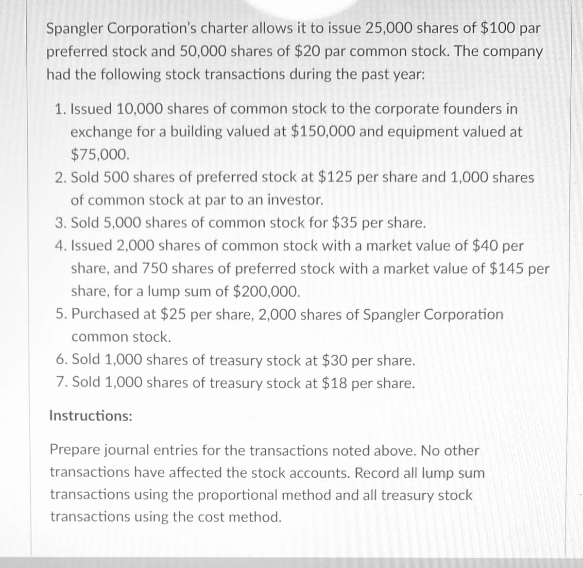 Spangler Corporation's charter allows it to issue 25,000 shares of $100 par
preferred stock and 50,000 shares of $20 par common stock. The company
had the following stock transactions during the past year:
1. Issued 10,000 shares of common stock to the corporate founders in
exchange for a building valued at $150,000 and equipment valued at
$75,000.
2. Sold 500 shares of preferred stock at $125 per share and 1,000 shares
of common stock at par to an investor.
3. Sold 5,000 shares of common stock for $35 per share.
4. Issued 2,000 shares of common stock with a market value of $40 per
share, and 750 shares of preferred stock with a market value of $145 per
share, for a lump sum of $200,000.
5. Purchased at $25 per share, 2,000 shares of Spangler Corporation
common stock.
6. Sold 1,000 shares of treasury stock at $30 per share.
7. Sold 1,000 shares of treasury stock at $18 per share.
Instructions:
Prepare journal entries for the transactions noted above. No other
transactions have affected the stock accounts. Record all lump sum
transactions using the proportional method and all treasury stock
transactions using the cost method.
