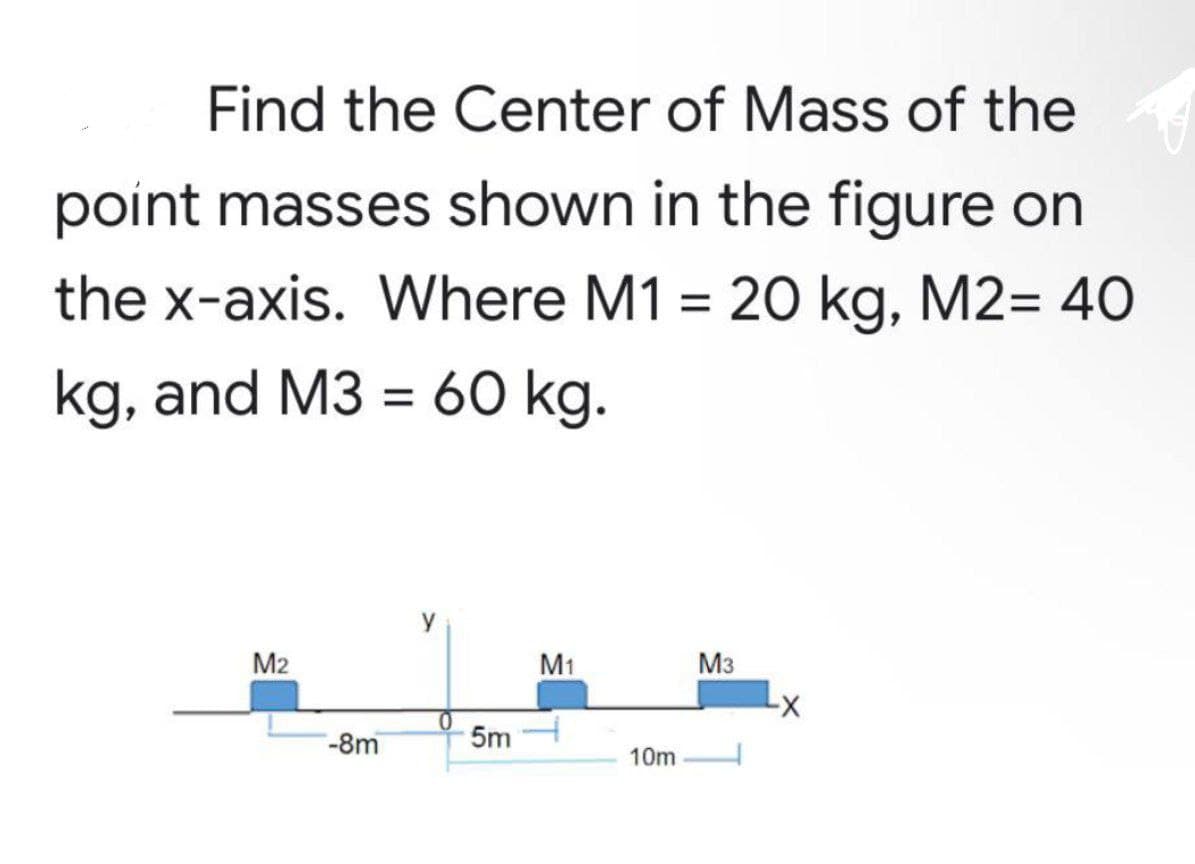 Find the Center of Mass of the
point masses shown in the figure on
the x-axis. Where M1 = 20 kg, M2= 40
kg, and M3 = 60 kg.
y
M2
M1
M3
-8m
5m
10m