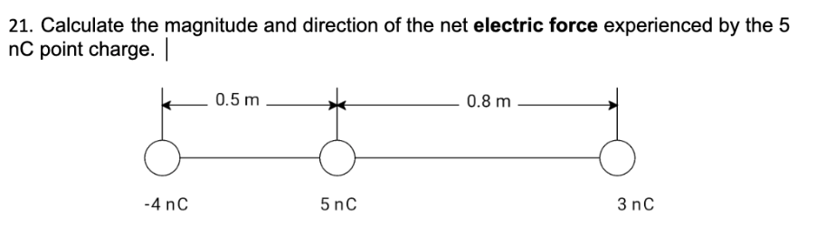 21. Calculate the magnitude and direction of the net electric force experienced by the 5
nC point charge. |
-4 nC
0.5 m
5 nC
0.8 m
3 nC
