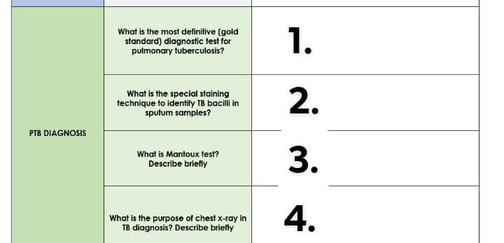 What is the most definitive (gold
standard) diagnostic test for
pulmonary tuberculosis?
1.
What is the special staining
technique to identify TB bacili in
sputum samples?
2.
PTB DIAGNOSIS
What is Mantoux test?
Describe briefly
3.
What is the purpose of chest x-ray in
TB diagnosis? Describe briefly
4.
