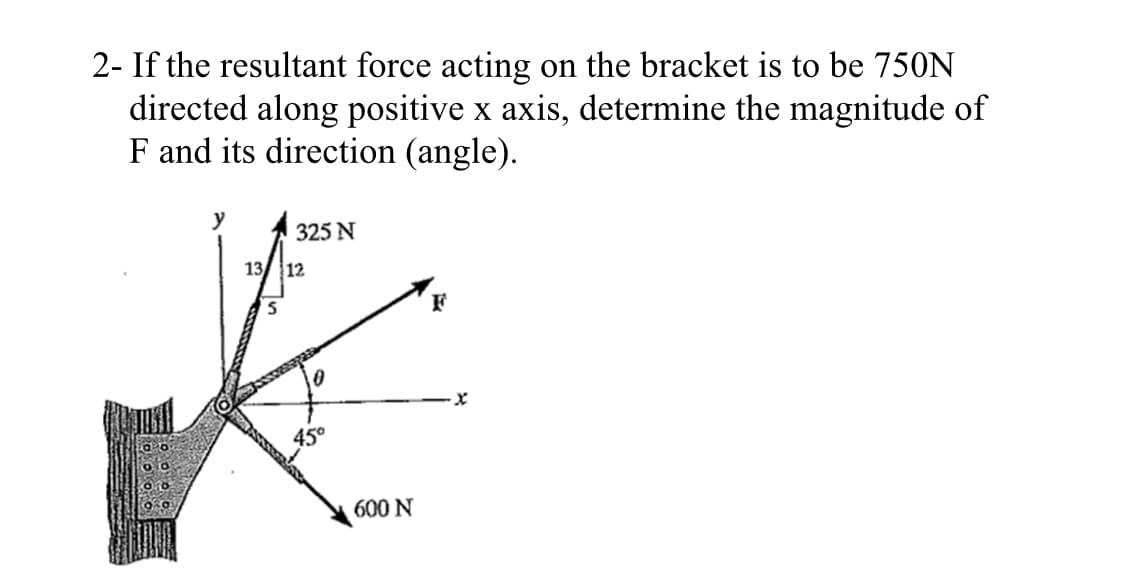 2- If the resultant force acting on the bracket is to be 750N
directed along positive x axis, determine the magnitude of
F and its direction (angle).
y
325 N
F
13/12
600 N
X