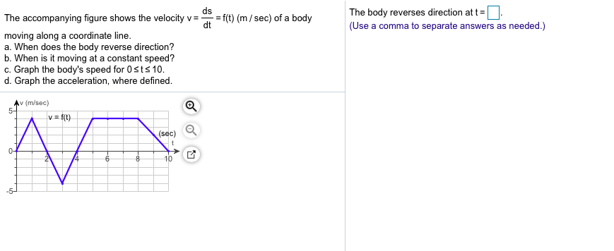 ds
The body reverses direction at t
(Use a comma to separate answers as needed.)
The accompanying figure shows the velocity
f(t) (m/sec) of a body
dt
moving along a coordinate line.
a. When does the body reverse direction?
b. When is it moving at a constant speed?
c. Graph the body's speed for 0sts 10.
d. Graph the acceleration, where defined
v (m/sec)
5-
v f(t)
(sec) Q
0-
10
