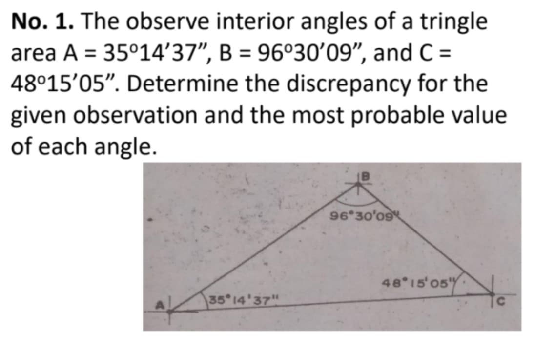 No. 1. The observe interior angles of a tringle
area A = 35°14'37", B = 96°30'09", and C =
48°15'05". Determine the discrepancy for the
given observation and the most probable value
of each angle.
96 30'09
48 15'05Y
35 14'37"
