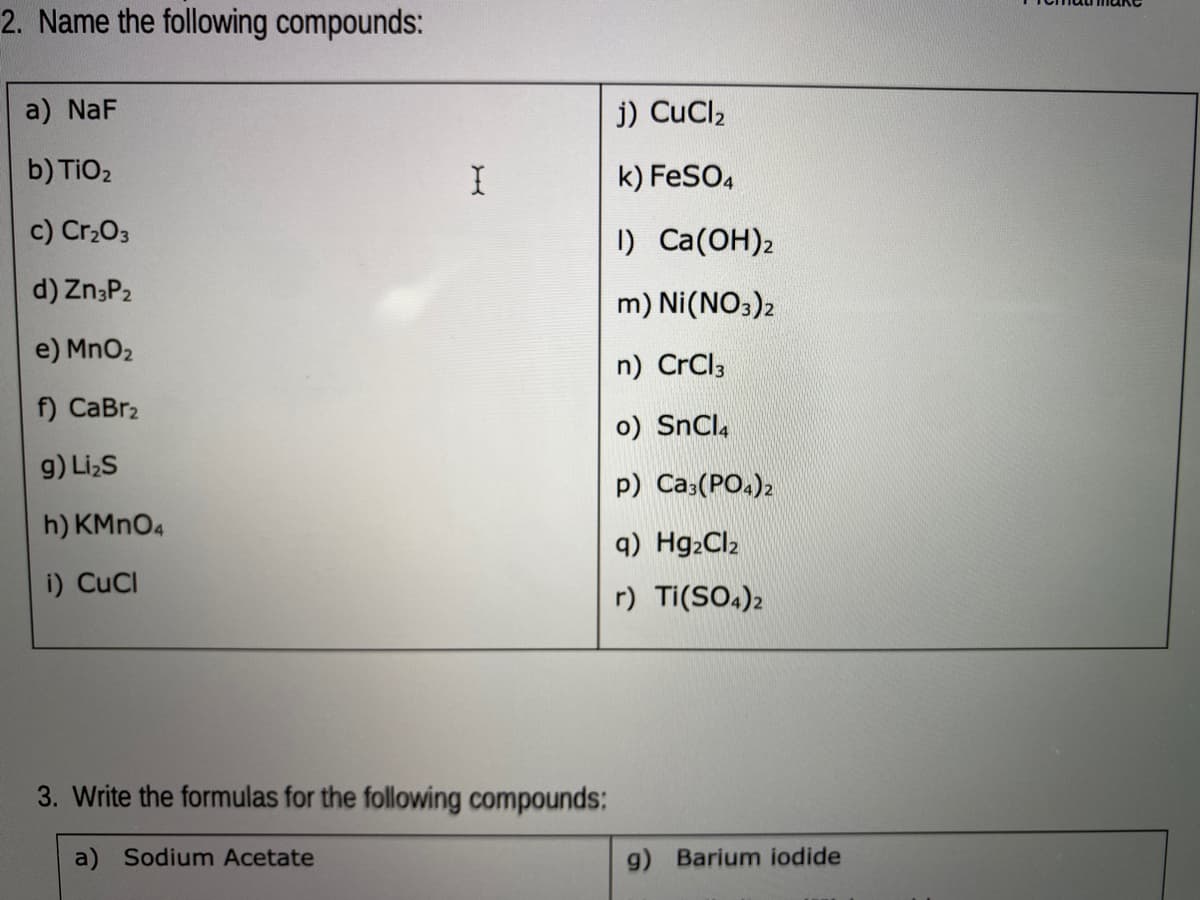 2. Name the following compounds:
a) NaF
j) CuCl2
b) TiO2
k) FeSO4
c) Cr,03
1) Ca(ОН),
d) Zn;P2
m) Ni(NO3)2
e) MnO2
n) CrCl3
f) CаBrz
o) SnCla
g) Li,S
p) Ca;(PO.)2
h) KMNO4
q) Hg2Cl2
i) CuCl
r) Ti(SO.)2
3. Write the formulas for the following compounds:
a) Sodium Acetate
g) Barium iodide
