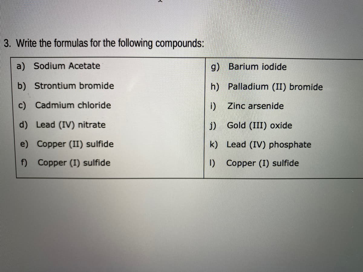 3. Write the formulas for the following compounds:
a) Sodium Acetate
g) Barium iodide
b) Strontium bromide
h) Palladium (II) bromide
c) Cadmium chloride
i) Zinc arsenide
d) Lead (IV) nitrate
j) Gold (III) oxide
e) Copper (II) sulfide
k) Lead (IV) phosphate
f) Copper (I) sulfide
I) Copper (I) sulfide
