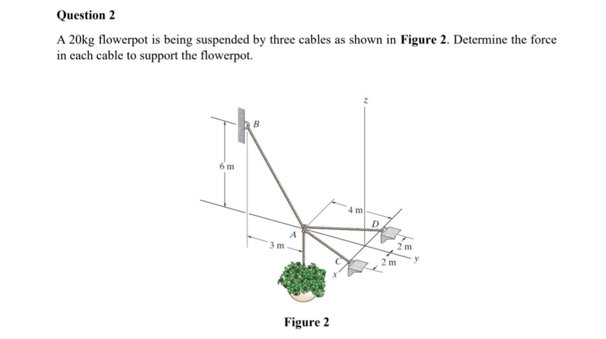Question 2
A 20kg flowerpot is being suspended by three cables as shown in Figure 2. Determine the force
in each cable to support the flowerpot.
6 m
B
3 m
A
Figure 2
4 m
Z
D
2m
2 m
y