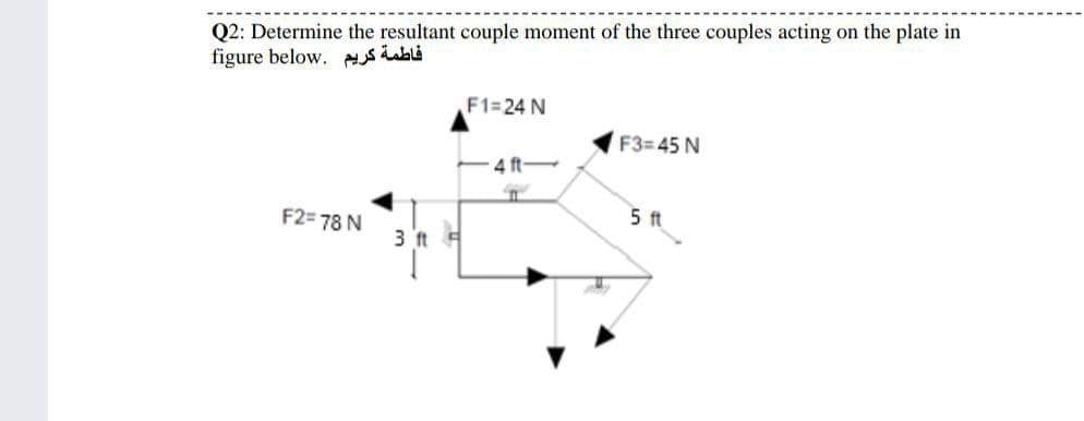 Q2: Determine the resultant couple moment of the three couples acting on the plate in
figure below. sibi
F1=24 N
F3=45 N
4 ft
F2= 78 N
5 ft
3 't
