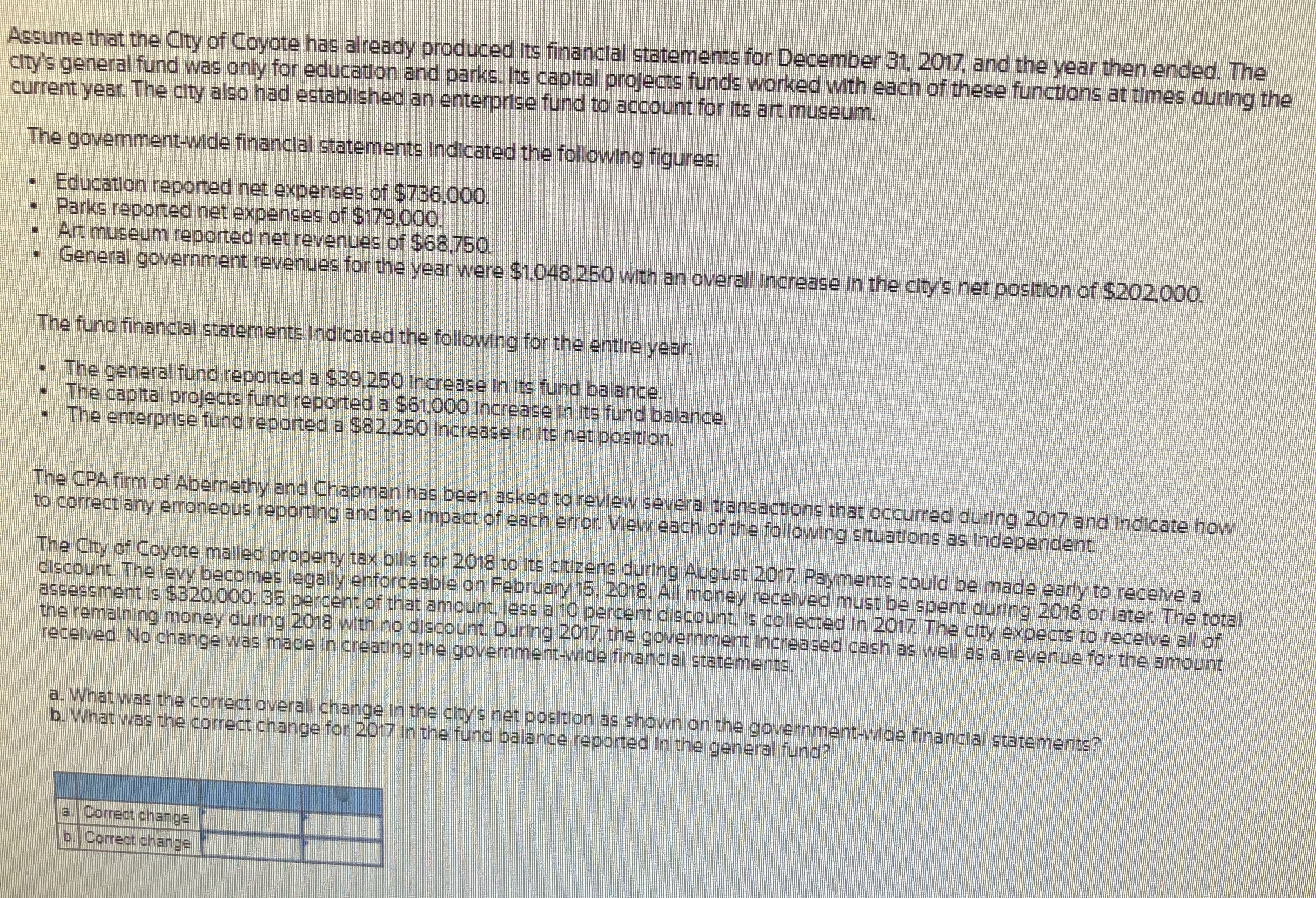 Assume that the City of Coyote has already produced Its financlal statements for December 31, 2017, and the year then ended. The
city's general fund was only for education and parks. Its capital projects funds worked wth each of these functlons at times during the
current year. The city also had established an enterprise fund to account for Its art museum.
