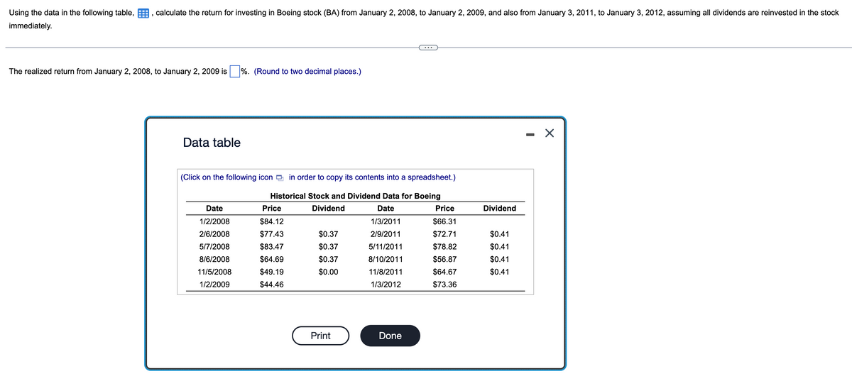 Using the data in the following table,, calculate the return for investing in Boeing stock (BA) from January 2, 2008, to January 2, 2009, and also from January 3, 2011, to January 3, 2012, assuming all dividends are reinvested in the stock
immediately.
The realized return from January 2, 2008, to January 2, 2009 is%. (Round to two decimal places.)
Data table
(Click on the following icon in order to copy its contents into a spreadsheet.)
Dividend
Historical Stock and Dividend Data for Boeing
Date
1/3/2011
2/9/2011
5/11/2011
8/10/2011
11/8/2011
1/3/2012
Date
1/2/2008
2/6/2008
5/7/2008
8/6/2008
11/5/2008
1/2/2009
Price
$84.12
$77.43
$83.47
$64.69
$49.19
$44.46
$0.37
$0.37
$0.37
$0.00
Print
Done
Price
$66.31
$72.71
$78.82
$56.87
$64.67
$73.36
Dividend
$0.41
$0.41
$0.41
$0.41
-
X
