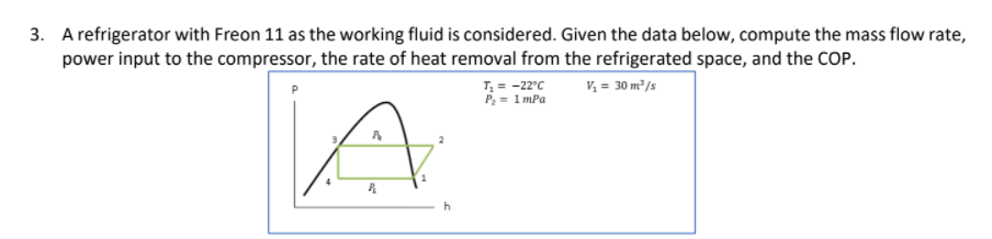 3. A refrigerator with Freon 11 as the working fluid is considered. Given the data below, compute the mass flow rate,
power input to the compressor, the rate of heat removal from the refrigerated space, and the COP.
T = -22°C
P= 1 mPa
v, = 30 m2/s
