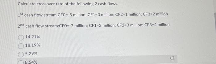Calculate crossover rate of the following 2 cash flows.
1st cash flow stream:CFO=-5 million; CF1-3 million; CF2-1 million; CF3-2 million.
2nd cash flow stream:CF0=-7 million; CF1-2 million; CF2-3 million: CF3-4 million.
14.21%
18.19%
5.29%
8.54%