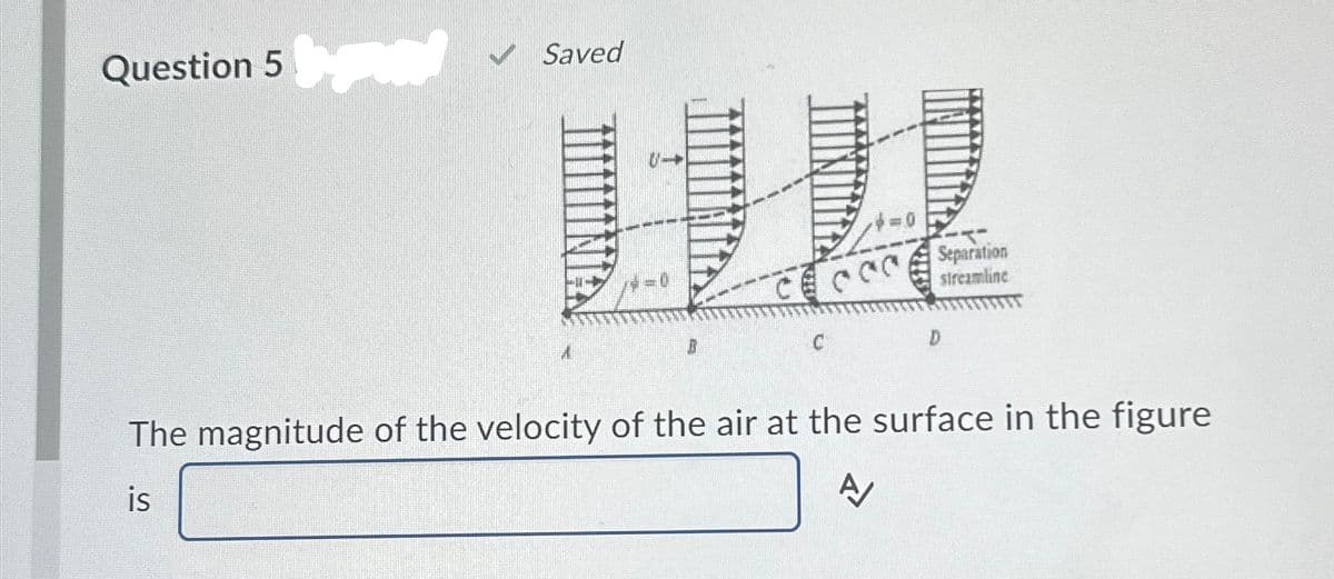 Question 5
Saved
B
D
Separation
streamline
The magnitude of the velocity of the air at the surface in the figure
is
A