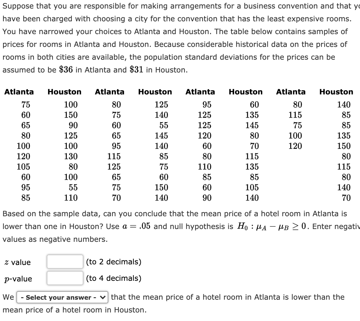 Suppose that you are responsible for making arrangements for a business convention and that yo
have been charged with choosing a city for the convention that has the least expensive rooms.
You have narrowed your choices to Atlanta and Houston. The table below contains samples of
prices for rooms in Atlanta and Houston. Because considerable historical data on the prices of
rooms in both cities are available, the population standard deviations for the prices can be
assumed to be $36 in Atlanta and $31 in Houston.
Atlanta
Houston
Atlanta
Houston
Atlanta
Houston
Atlanta
Houston
75
100
80
125
95
60
80
140
60
150
75
140
125
135
115
85
65
90
60
55
125
145
75
85
80
125
65
145
120
80
100
135
100
100
95
140
60
70
120
150
120
130
115
85
80
115
80
105
80
125
75
110
135
115
60
100
65
60
85
85
80
95
55
75
150
60
105
140
85
110
70
140
90
140
70
Based on the sample data, can you conclude that the mean price of a hotel room in Atlanta is
lower than one in Houston? Use a = .05 and null hypothesis is Ho : HA - µB 2 0. Enter negativ
values as negative numbers.
z value
(to 2 decimals)
p-value
(to 4 decimals)
We
- Select your answer - v that the mean price of a hotel room in Atlanta is lower than the
mean price of a hotel room in Houston.

