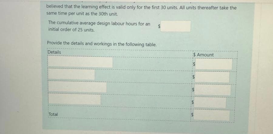 believed that the learning effect is valid only for the first 30 units. All units thereafter take the
same time per unit as the 30th unit.
The cumulative average design labour hours for an
initial order of 25 units.
Provide the details and workings in the following table.
Details
Total
$ Amount