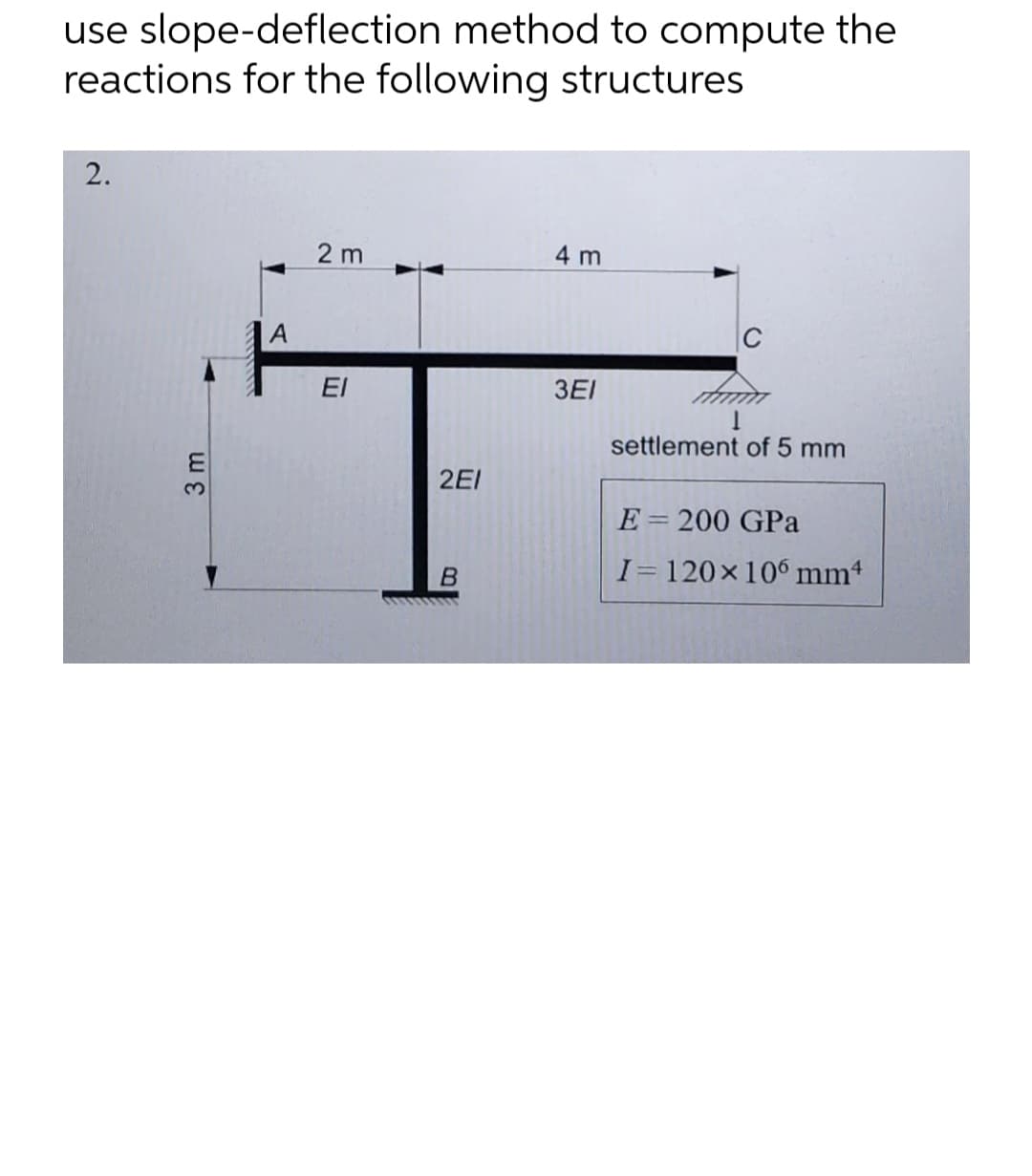 use slope-deflection method to compute the
reactions for the following structures
2.
2m
4 m
ΕΙ
3EI
3 m
A
2EI
B
settlement of 5 mm
E 200 GPa
I= 120×106 mm4