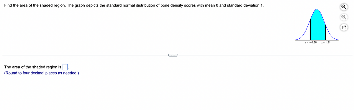 Find the area of the shaded region. The graph depicts the standard normal distribution of bone density scores with mean 0 and standard deviation 1.
The area of the shaded region is .
(Round to four decimal places as needed.)
Z= -0.88
z = 1.21