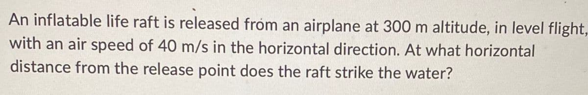 An inflatable life raft is released from an airplane at 300 m altitude, in level flight,
with an air speed of 40 m/s in the horizontal direction. At what horizontal
distance from the release point does the raft strike the water?